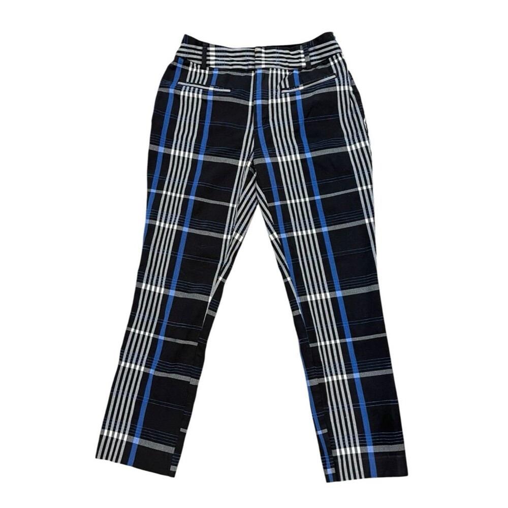 Anthropologie Black Blue Plaid Pants Slim Tapered Mod Retro Cotton Wool Size 6